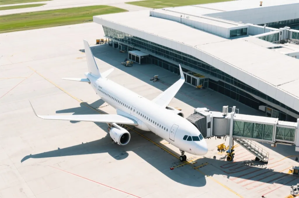 An aerial view of a modern airport terminal with an unbranded passenger airplane parked at the gate